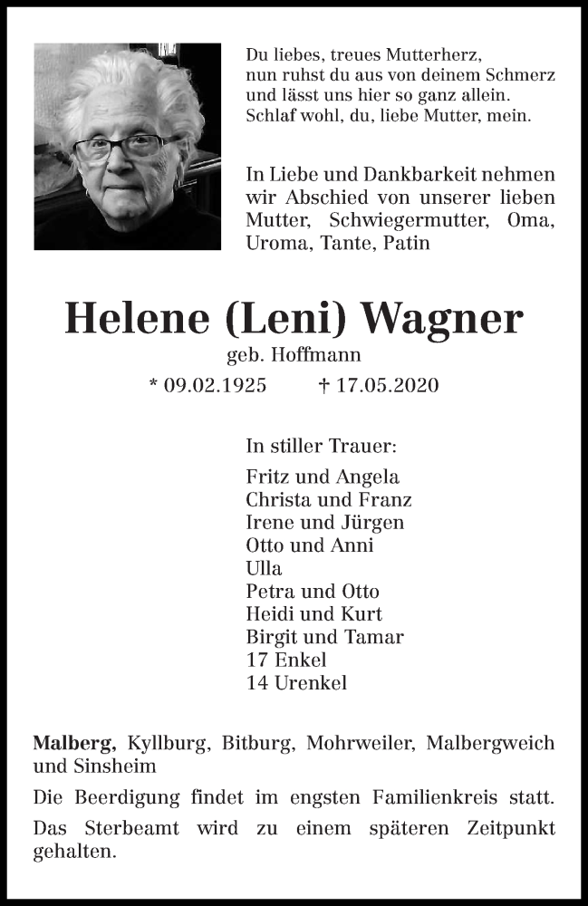  Traueranzeige für Helene Wagner vom 20.05.2020 aus trierischer_volksfreund