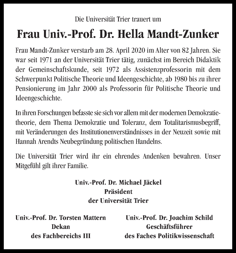  Traueranzeige für Hella Mandt-Zunker vom 09.05.2020 aus trierischer_volksfreund