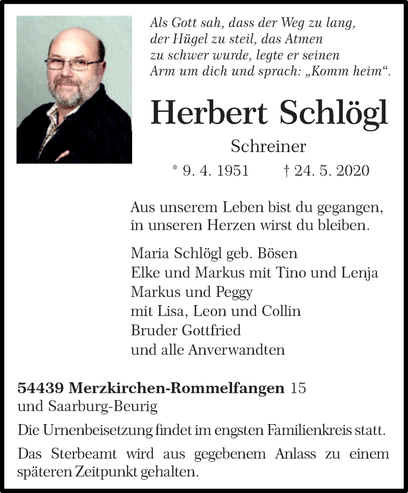  Traueranzeige für Herbert Schlögl vom 27.05.2020 aus trierischer_volksfreund