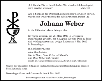 Traueranzeige von Johann Weber von trierischer_volksfreund