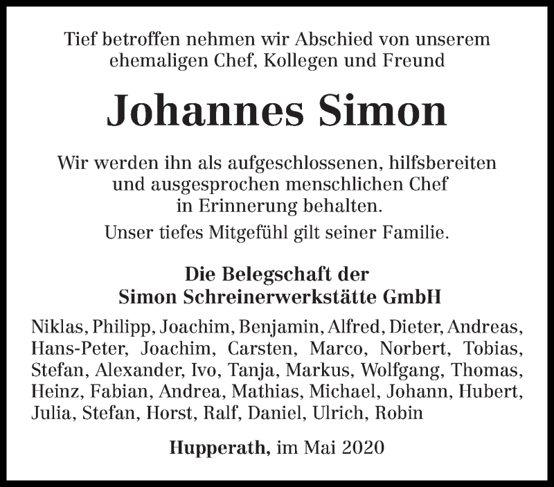  Traueranzeige für Johannes Simon vom 28.05.2020 aus trierischer_volksfreund