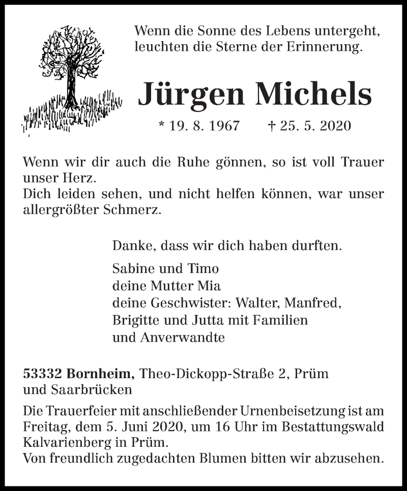  Traueranzeige für Jürgen Michels vom 30.05.2020 aus trierischer_volksfreund