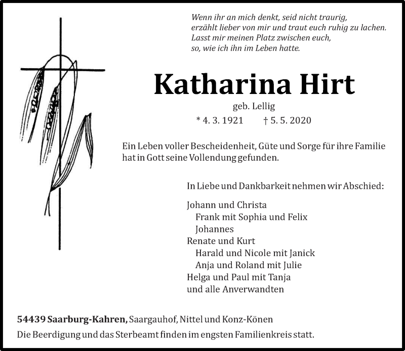  Traueranzeige für Katharina Hirt vom 08.05.2020 aus trierischer_volksfreund