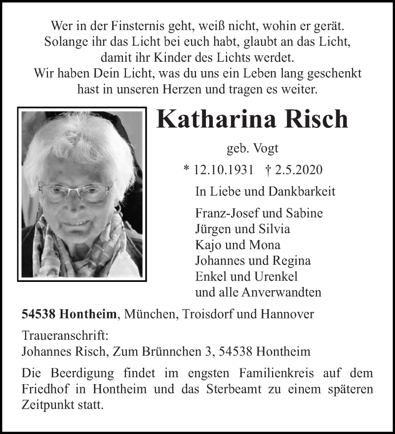  Traueranzeige für Katharina Risch vom 06.05.2020 aus trierischer_volksfreund