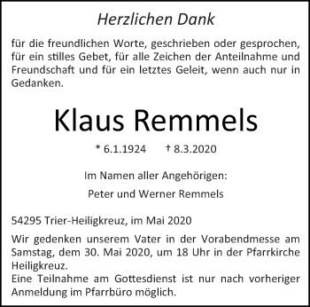Traueranzeige von Klaus Remmels von trierischer_volksfreund