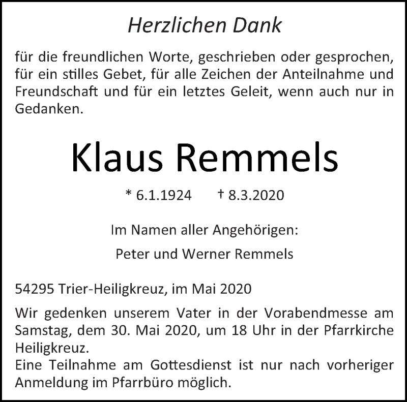  Traueranzeige für Klaus Remmels vom 23.05.2020 aus trierischer_volksfreund