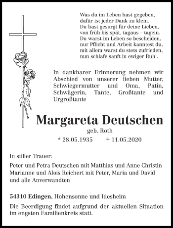 Traueranzeige von Margareta Deutschen von trierischer_volksfreund