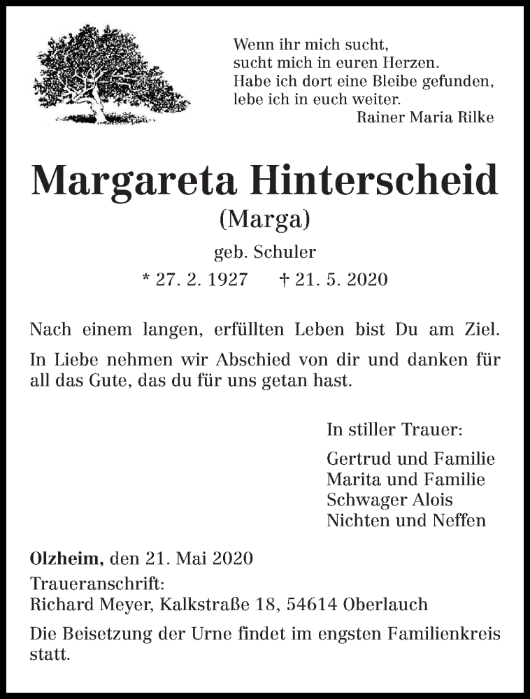  Traueranzeige für Margareta Hinterscheid vom 26.05.2020 aus trierischer_volksfreund