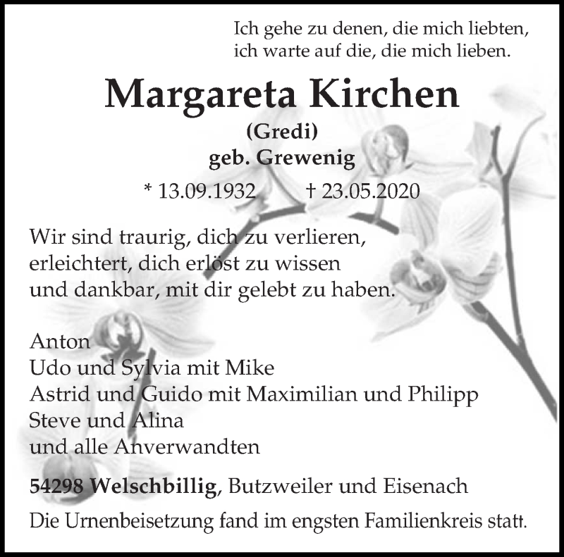  Traueranzeige für Margareta Kirchen vom 30.05.2020 aus trierischer_volksfreund