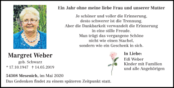 Traueranzeige von Margret Weber von trierischer_volksfreund