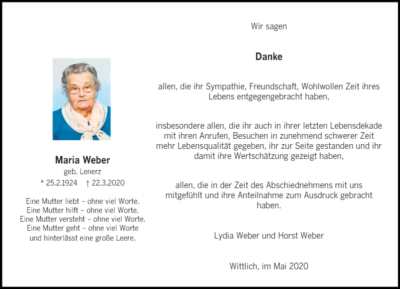  Traueranzeige für Maria Weber vom 23.05.2020 aus trierischer_volksfreund