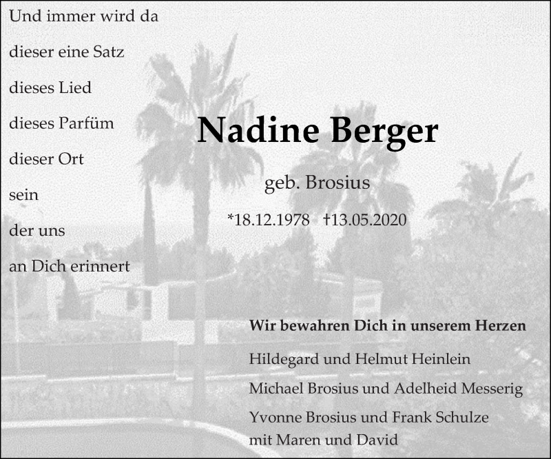  Traueranzeige für Nadine Berger vom 23.05.2020 aus trierischer_volksfreund