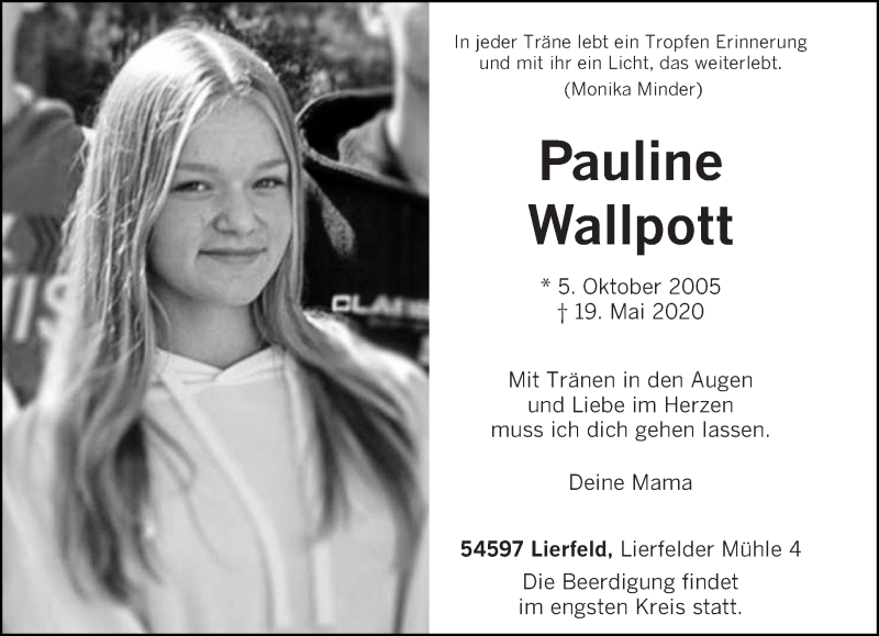  Traueranzeige für Pauline Wallpott vom 23.05.2020 aus trierischer_volksfreund