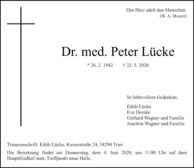  Traueranzeige für Peter Lücke vom 30.05.2020 aus trierischer_volksfreund