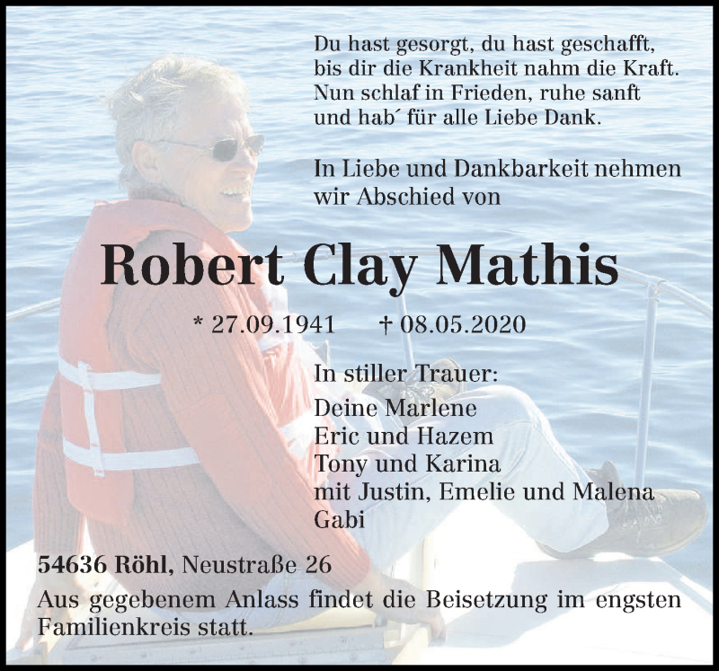  Traueranzeige für Robert Clay Mathis vom 16.05.2020 aus trierischer_volksfreund