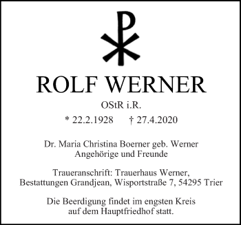 Traueranzeige von Rolf Werner von trierischer_volksfreund