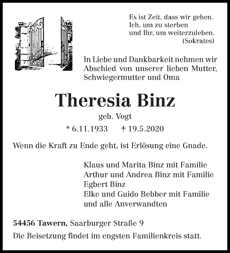  Traueranzeige für Theresia Binz vom 22.05.2020 aus trierischer_volksfreund