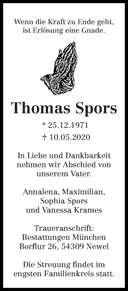 Traueranzeige für Thomas Spors vom 23.05.2020 aus trierischer_volksfreund