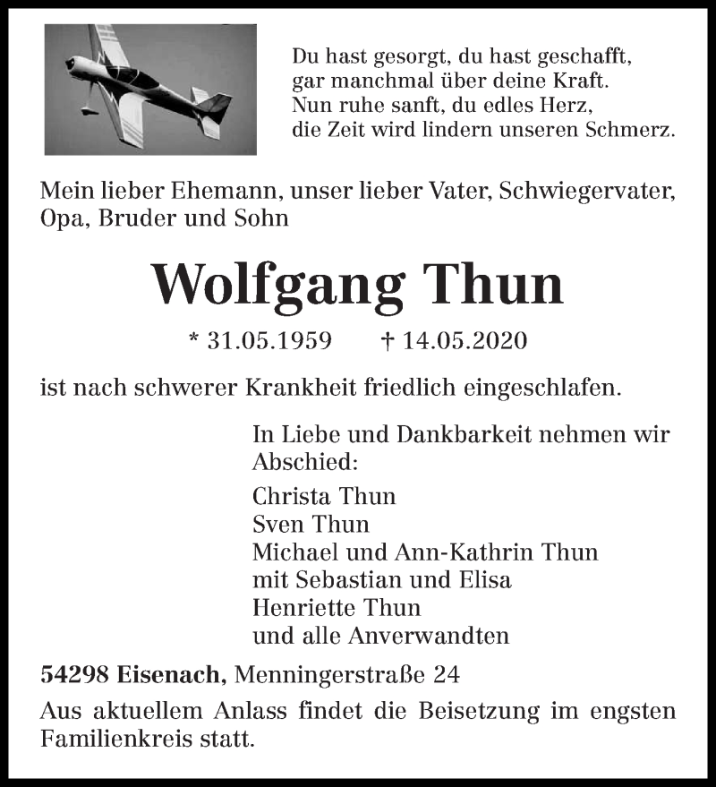  Traueranzeige für Wolfgang Thun vom 23.05.2020 aus trierischer_volksfreund