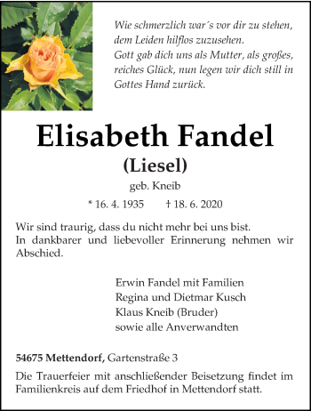 Traueranzeige von Elisabeth Fandel von trierischer_volksfreund