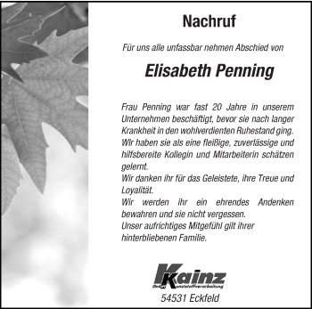 Traueranzeige von Elisabeth Penning von trierischer_volksfreund