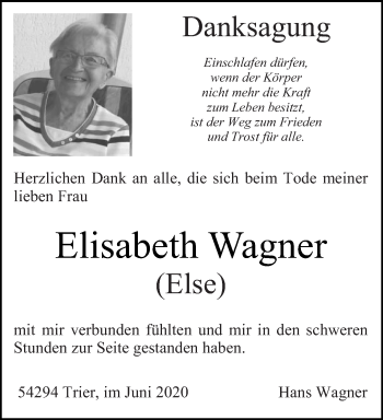 Traueranzeige von Elisabeth Wagner von trierischer_volksfreund