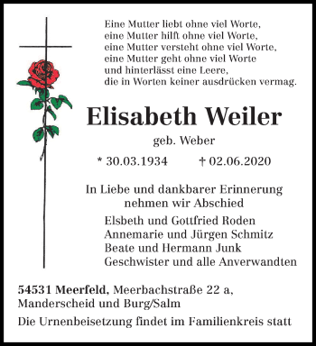 Traueranzeige von Elisabeth Weiler von trierischer_volksfreund