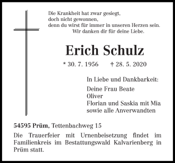 Traueranzeige von Erich Schulz von trierischer_volksfreund