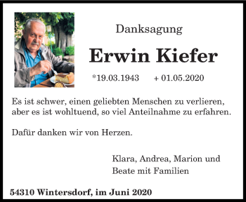 Traueranzeige von Erwin Kiefer von trierischer_volksfreund