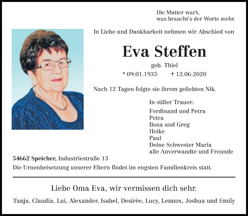 Traueranzeigen von Eva Steffen | Volksfreund.Trauer.de