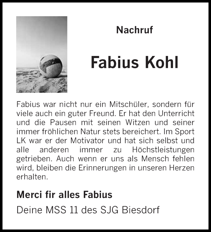  Traueranzeige für Fabius Kohl vom 27.06.2020 aus trierischer_volksfreund