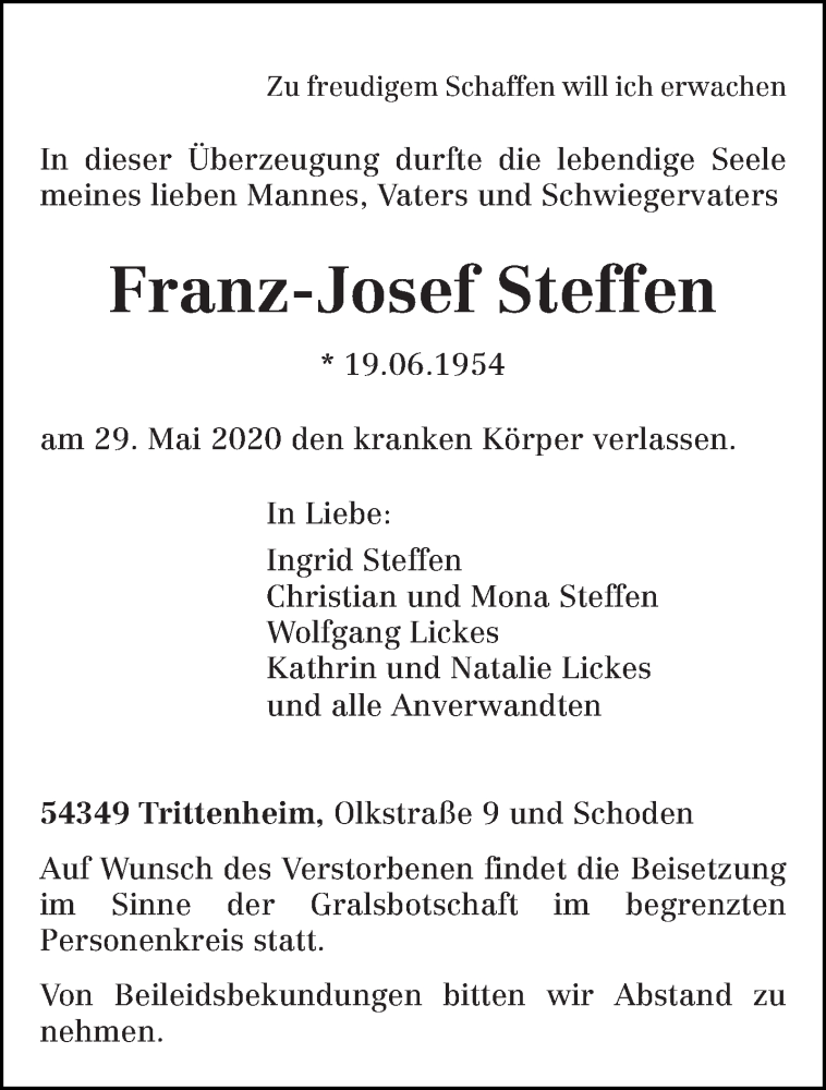  Traueranzeige für Franz-Josef Steffen vom 03.06.2020 aus trierischer_volksfreund
