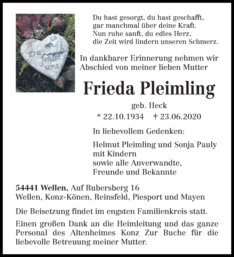  Traueranzeige für Frieda Pleimling vom 27.06.2020 aus trierischer_volksfreund