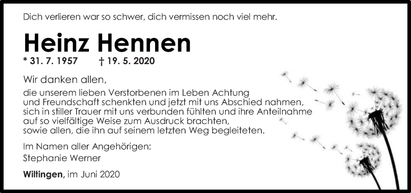  Traueranzeige für Heinz Hennen vom 20.06.2020 aus trierischer_volksfreund
