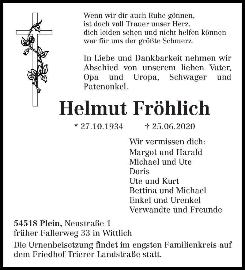  Traueranzeige für Helmut Fröhlich vom 27.06.2020 aus trierischer_volksfreund
