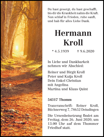 Traueranzeige von Hermann Kroll von trierischer_volksfreund