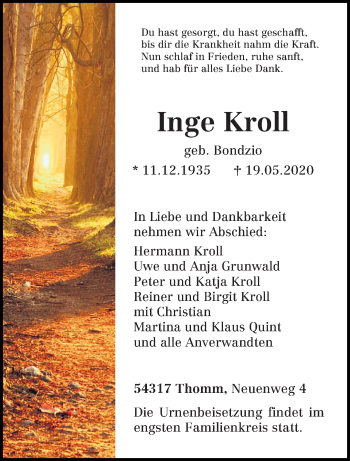 Traueranzeige von Inge Kroll von trierischer_volksfreund
