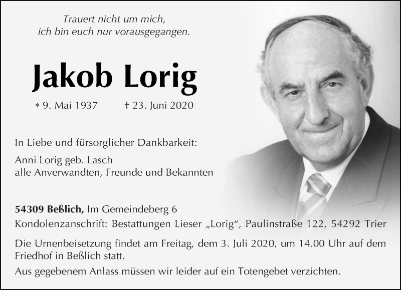  Traueranzeige für Jakob Lorig vom 27.06.2020 aus trierischer_volksfreund