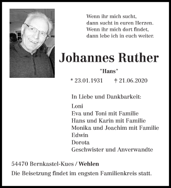 Traueranzeige von Johannes Ruther von trierischer_volksfreund
