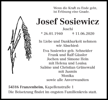 Traueranzeige von Josef Sosiewicz von trierischer_volksfreund