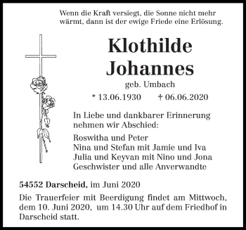 Traueranzeige von Klothilde Johannes von trierischer_volksfreund