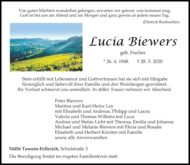  Traueranzeige für Lucia Biewers vom 03.06.2020 aus trierischer_volksfreund