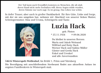 Traueranzeige von Luzia Hack von trierischer_volksfreund