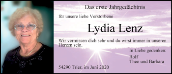 Traueranzeige von Lydia Lenz von trierischer_volksfreund