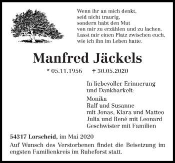 Traueranzeige von Manfred Jäckels von trierischer_volksfreund