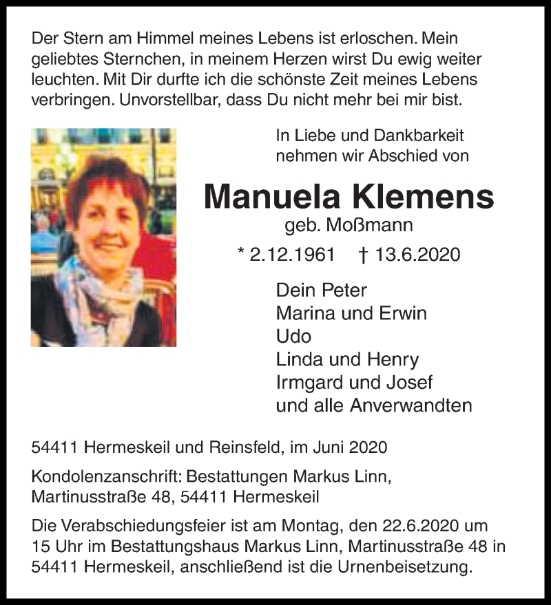  Traueranzeige für Manuela Klemens vom 17.06.2020 aus trierischer_volksfreund
