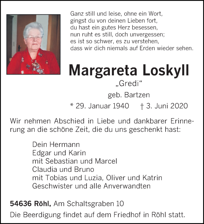  Traueranzeige für Margareta Loskyll vom 05.06.2020 aus trierischer_volksfreund