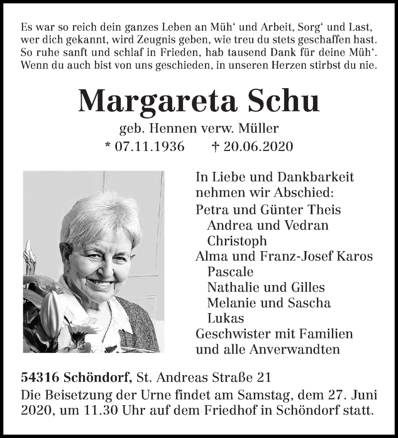  Traueranzeige für Margareta Schu vom 24.06.2020 aus trierischer_volksfreund