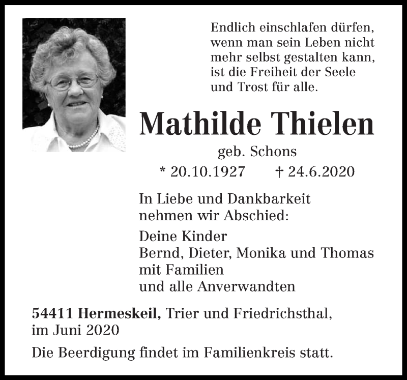  Traueranzeige für Mathilde Thielen vom 27.06.2020 aus trierischer_volksfreund