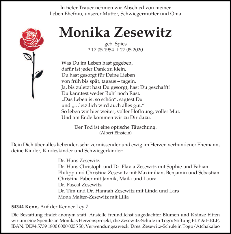  Traueranzeige für Monika Zesewitz vom 06.06.2020 aus trierischer_volksfreund